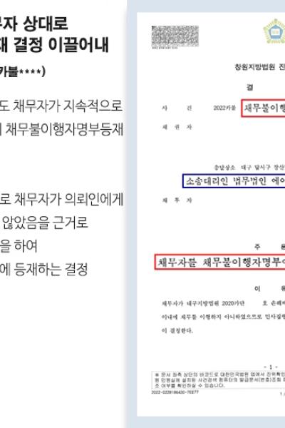 [민사] 채무를 갚지 않는 채무자 상대로 채무불이행자 명부등재 결정 이끌어내